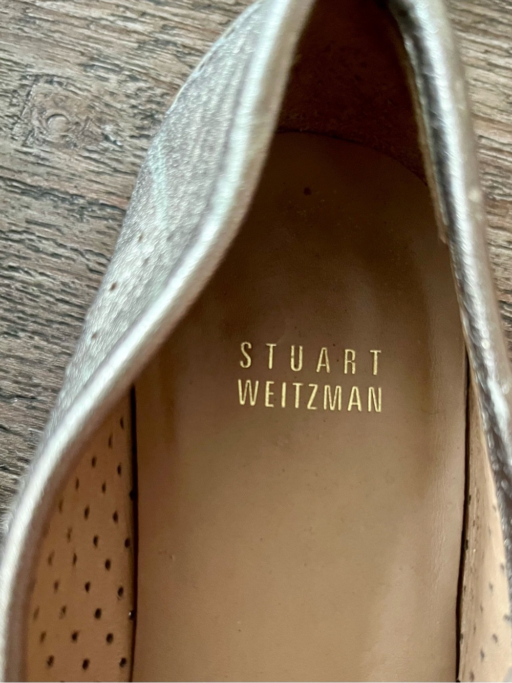 Stuart Weitzman Metallic Taupe Loafers with Gold Chain - Picture 9 of 14